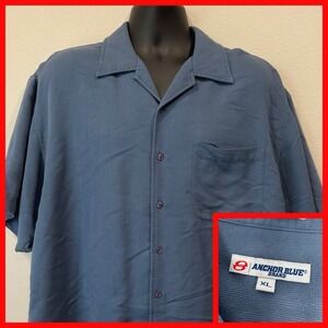 Vintage"Anchor Blue"~Rayon/Poly~Blue Corderoy~Short Sleeve~Button Shirt~ Mens XL